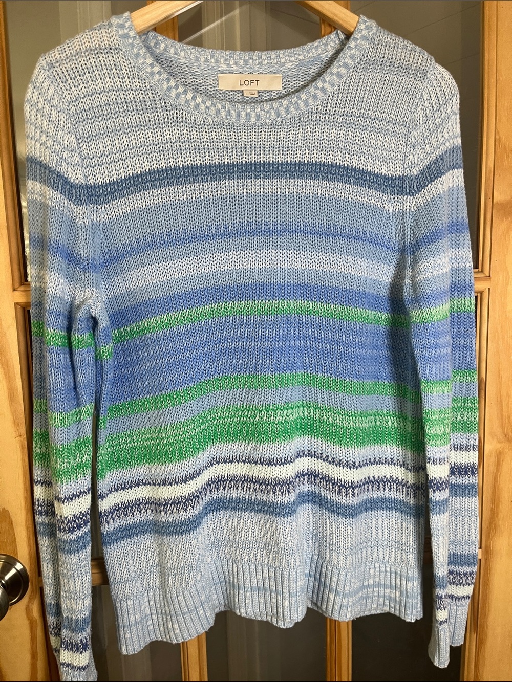 LOFT Blue & Green Striped Knit coastal Sweater cotton, Sz large